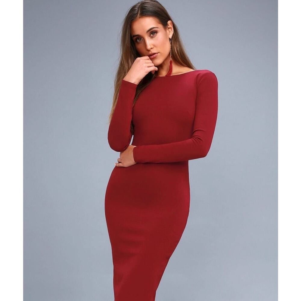 Lulus Womens Va Va Voom Backless Midi Dress Long Sleeve Round Neck Burgundy XL